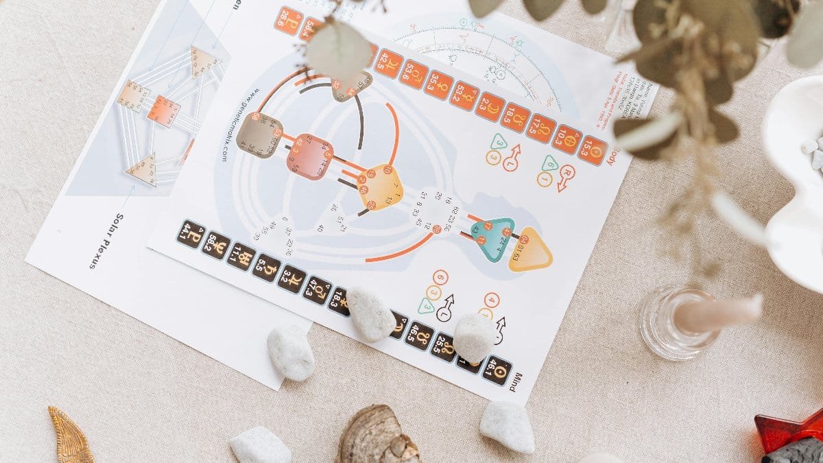 A serene setup of spiritual diagrams and crystals on a beige surface, symbolizing holistic healing and balance. via Pexels