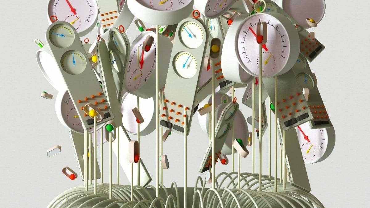 A modern artwork depicting clocks and pills arranged in a surreal, conceptual 3D design. via Pexels