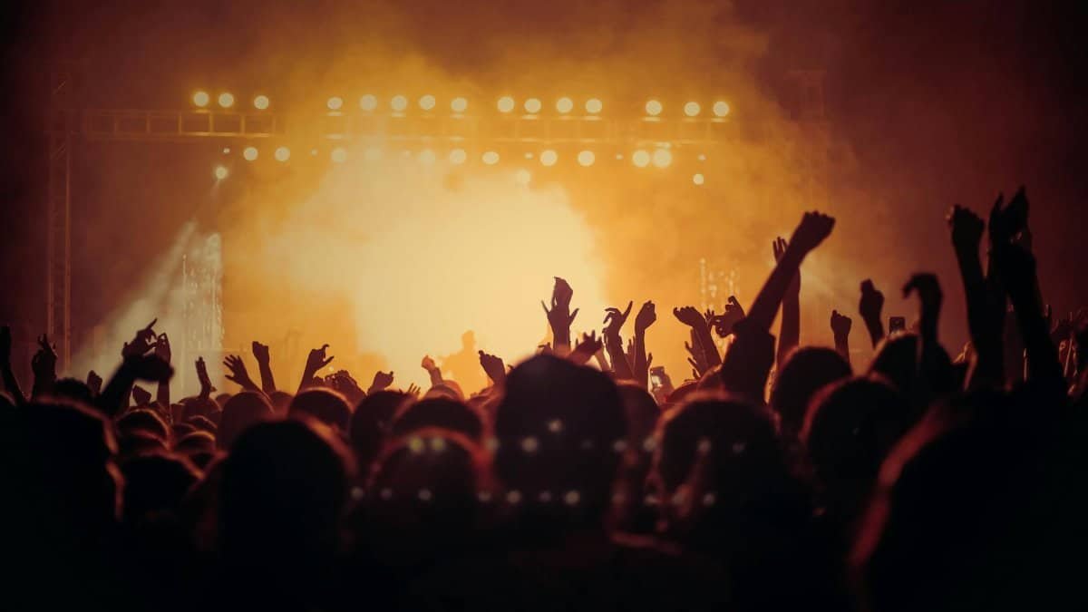 Energetic music concert with a vibrant crowd cheering under bright stage lights.