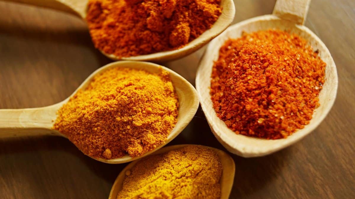 Close-up of vibrant spices like turmeric and chili powder in wooden spoons.