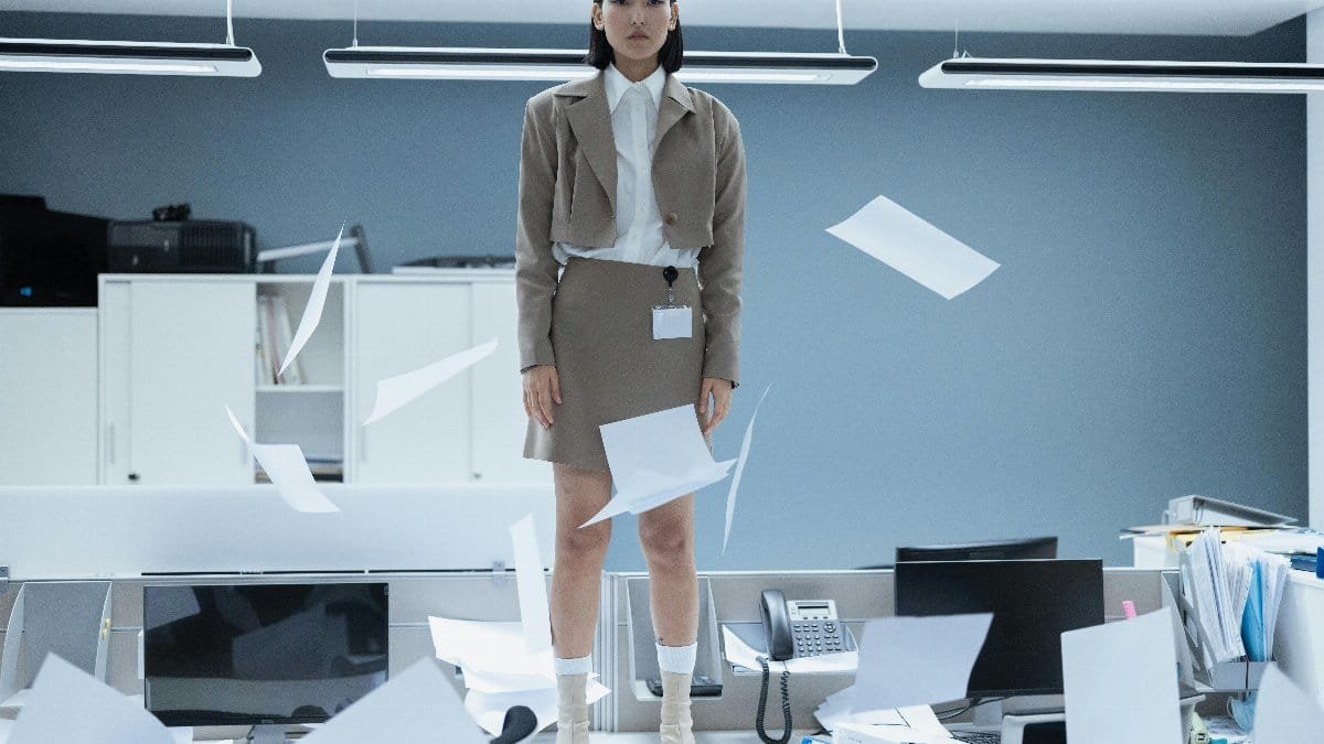 Fashionable young woman standing on a desk in a minimalist office with papers flying.