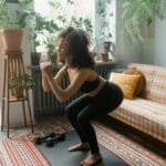 Woman in active wear doing squats on a yoga mat in a cozy indoor setting with plants and natural light.