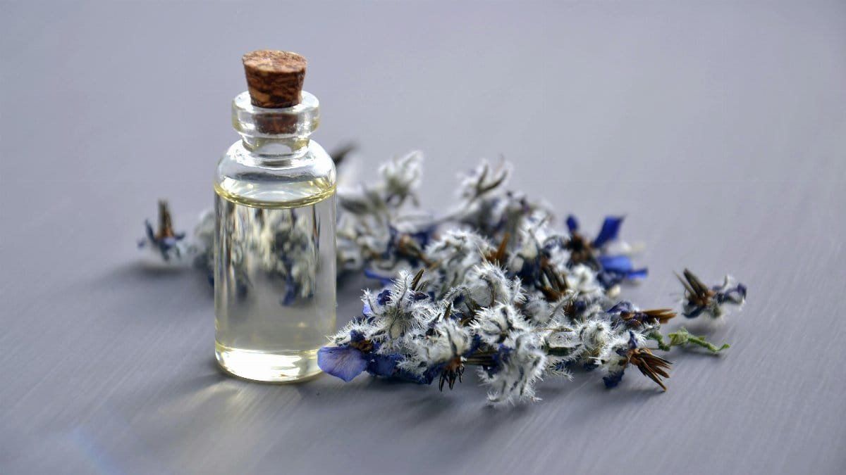 Close-up of a lavender oil bottle with dried flowers for aromatherapy. Perfect for wellness themes.