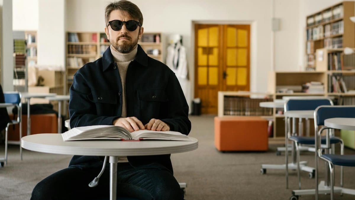 Visually impaired man reads Braille book in an indoor library setting.