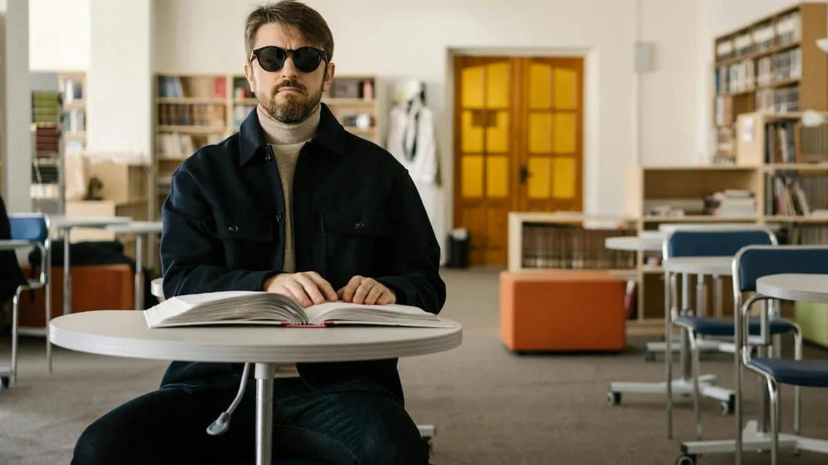 Visually impaired man reads Braille book in an indoor library setting.