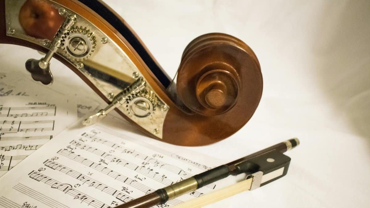 Capture of a bass scroll and bow on sheet music, highlighting musical details.