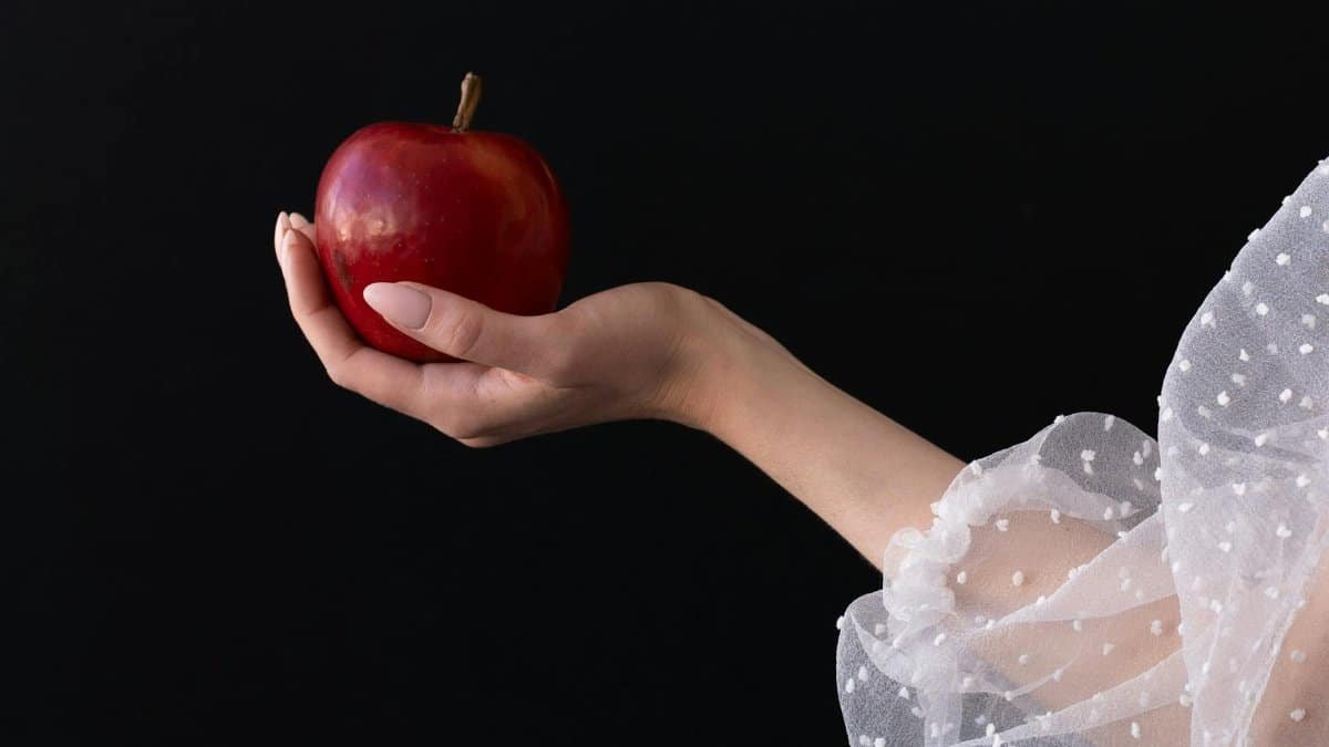 A graceful hand holds a red apple against a dark backdrop, symbolizing temptation and beauty.