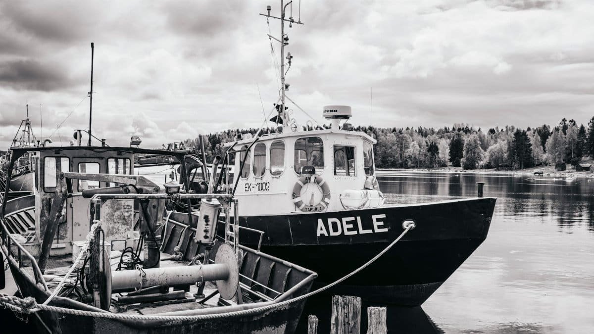 A serene scene of fishing boats docked by the shore with a calm reflective water body and cloudy sky.