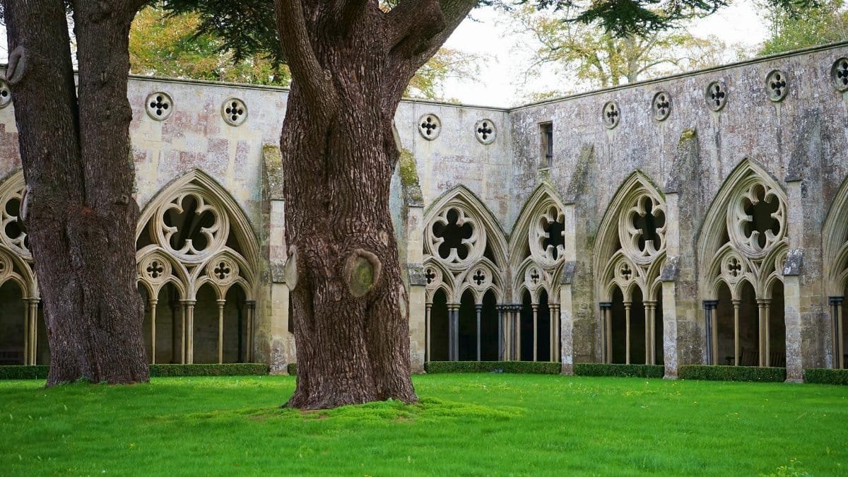 Intricate gothic arches and lush greenery in Salisbury Cathedral's courtyard, England.