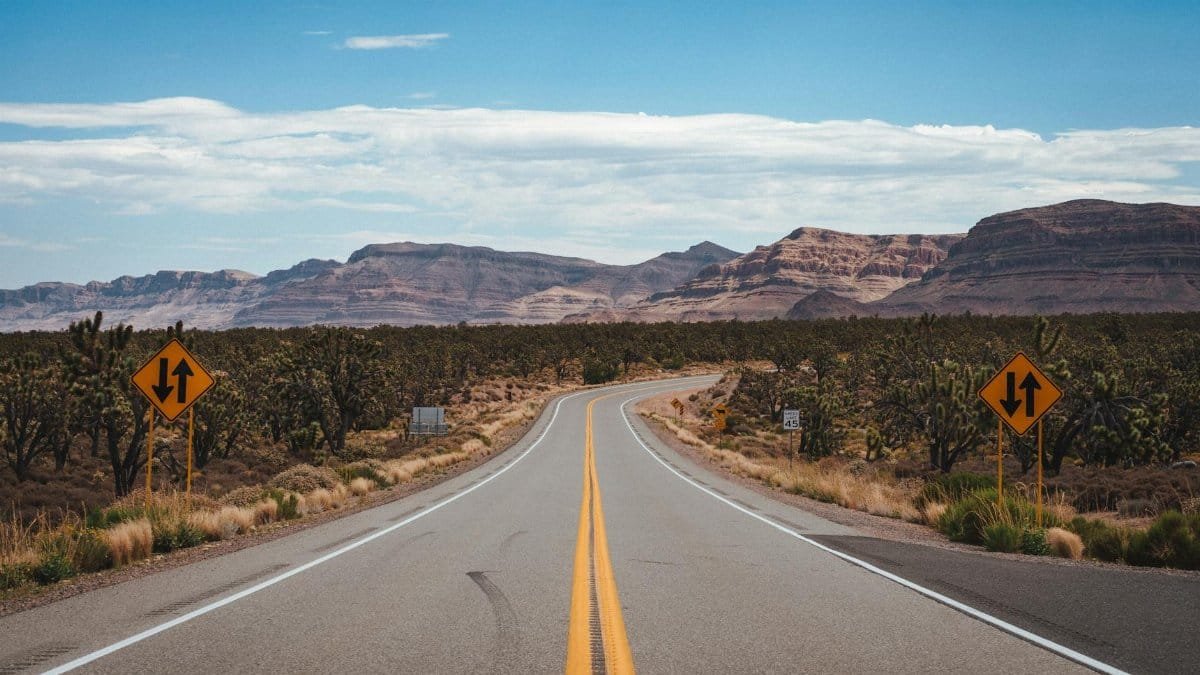 Empty asphalt road going through cactus fields towards rocky mountains against cloudy blue sky in United States of America