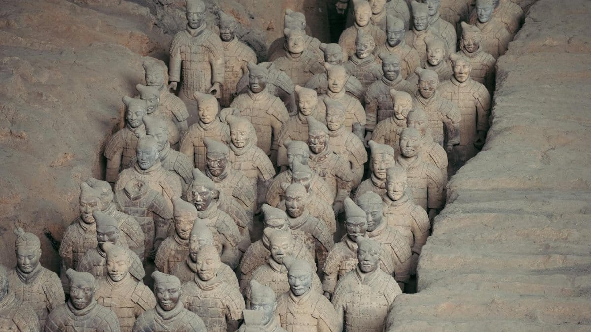Terracotta army of ancient Chinese warriors, a significant archaeological site.