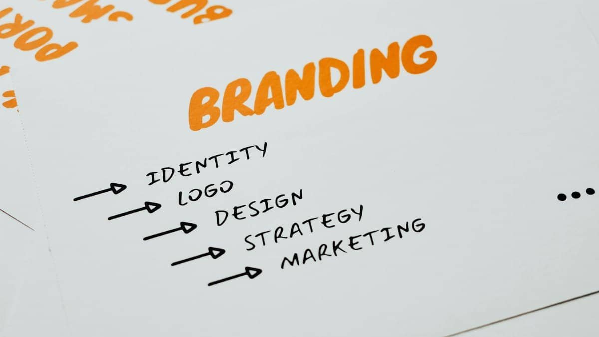 Close-up of a paper with branding, identity, design, strategy, and marketing concepts in orange and black.