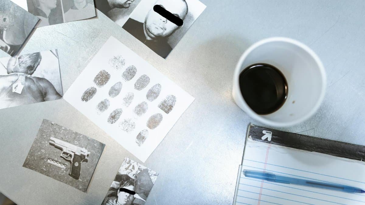Flat lay of forensic evidence and police investigation documents on a desk.
