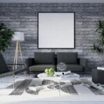 A sleek modern living room with minimalist furniture and decor featuring natural elements.