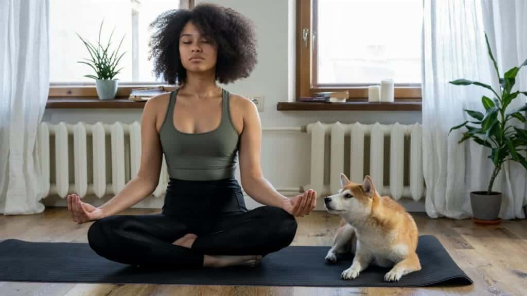 Woman meditating on yoga mat with Shiba Inu dog indoors. Calm and serene home setting.