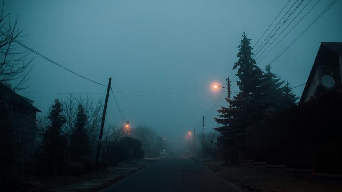 A foggy suburban street with street lights illuminating the misty atmosphere at twilight.
