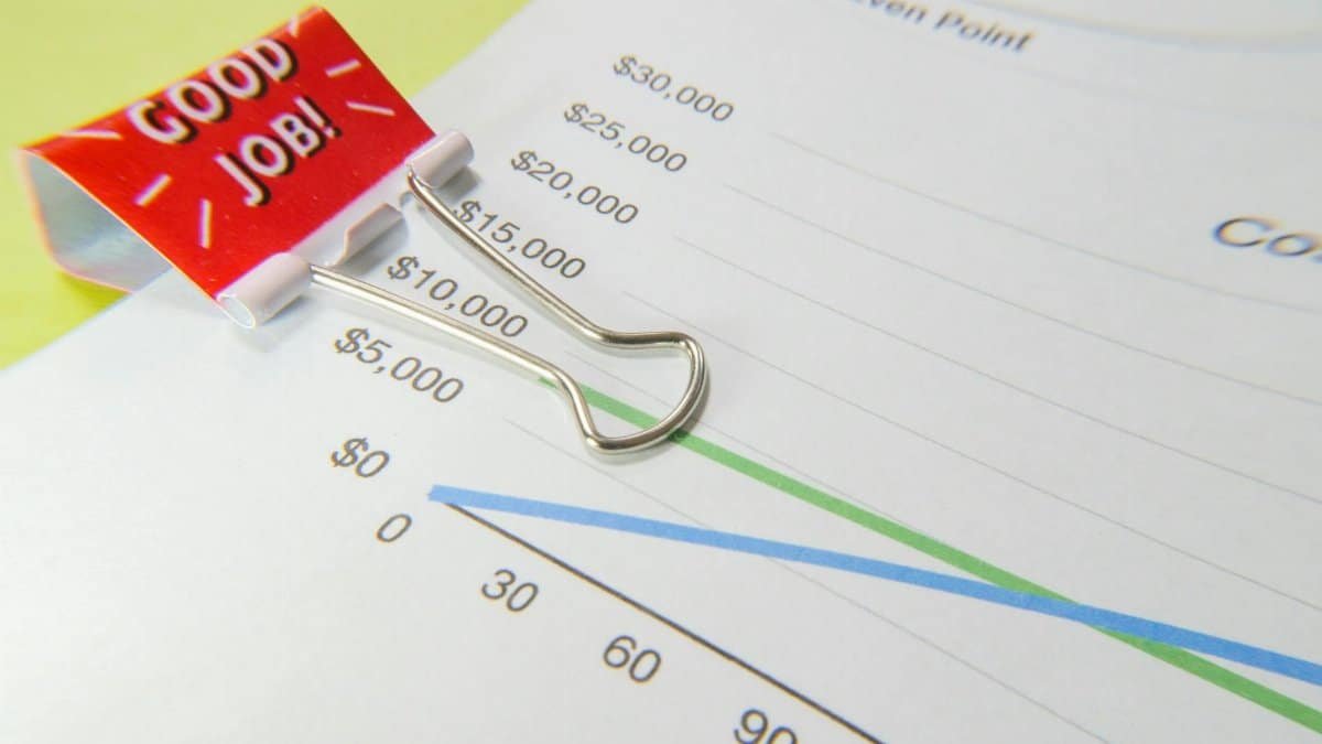 Close-up of a 'Good Job!' binder clip on a financial graph paper.