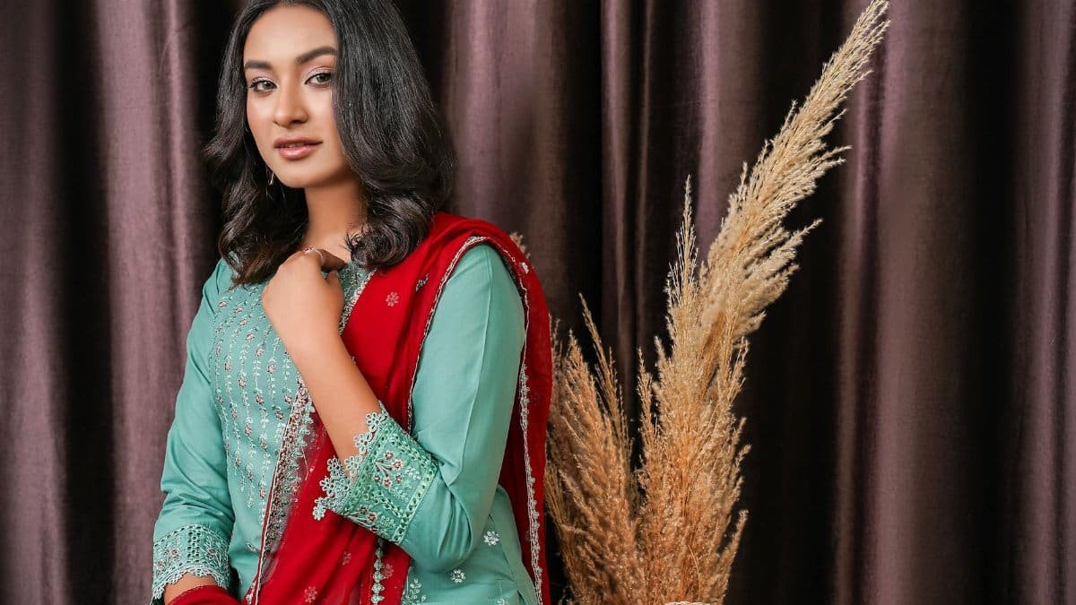 Elegant portrait of a woman wearing traditional Pakistani attire, showcasing intricate embroidery.