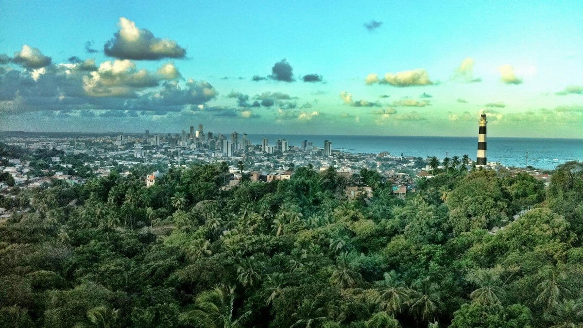 A breathtaking view of Olinda with lush greenery and city skyline against a vibrant sky.