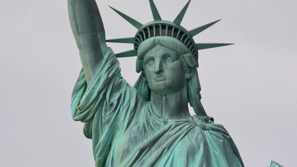 Detailed close-up of the Statue of Liberty, New York City, a symbol of freedom and democracy.
