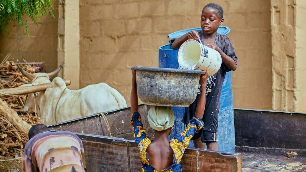 Young children gather water in a rustic outdoor setting using buckets and barrels.