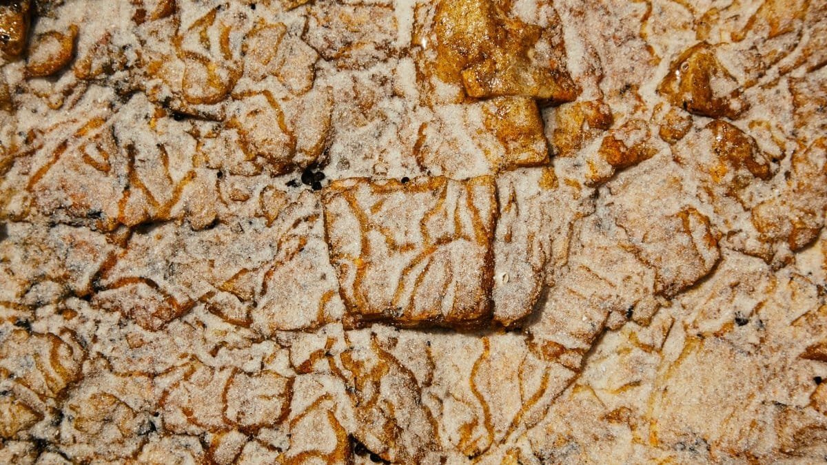Top view of abstract weathered surface of rough rocky formation with uneven texture and relief