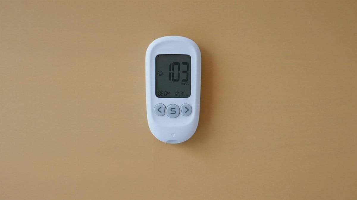 A digital glucose meter showing reading on a yellow surface.