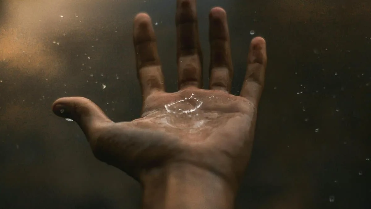 A close-up of an open hand catching raindrops against a dark background, showcasing water interaction.