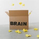 Crumpled yellow paper pieces on floor near carton box with Brain title on white background