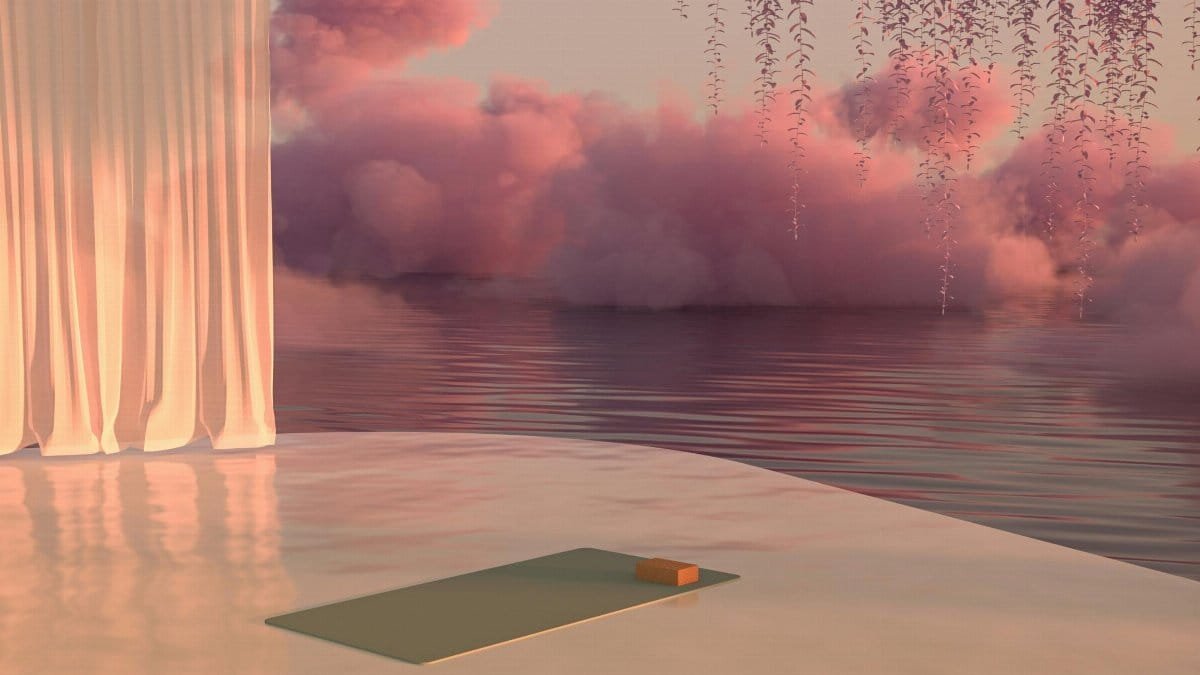 A serene indoor space with pink clouds and a yoga mat by the water, perfect for relaxation.