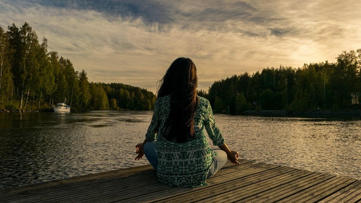 yoga, woman, lake, outdoors, lotus pose, meditation, mindfulness, balance, meditating, wellness, sunset, nature, twilight