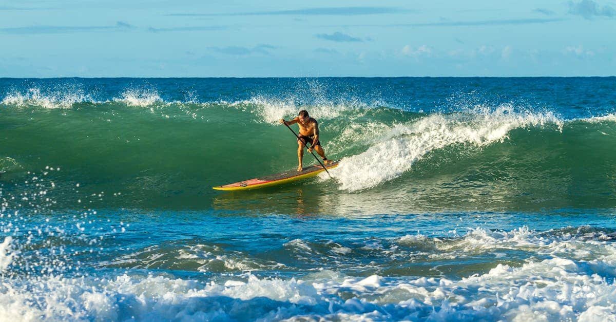 Dynamic action shot of a man paddleboarding on powerful ocean waves on a sunny day via Pexels