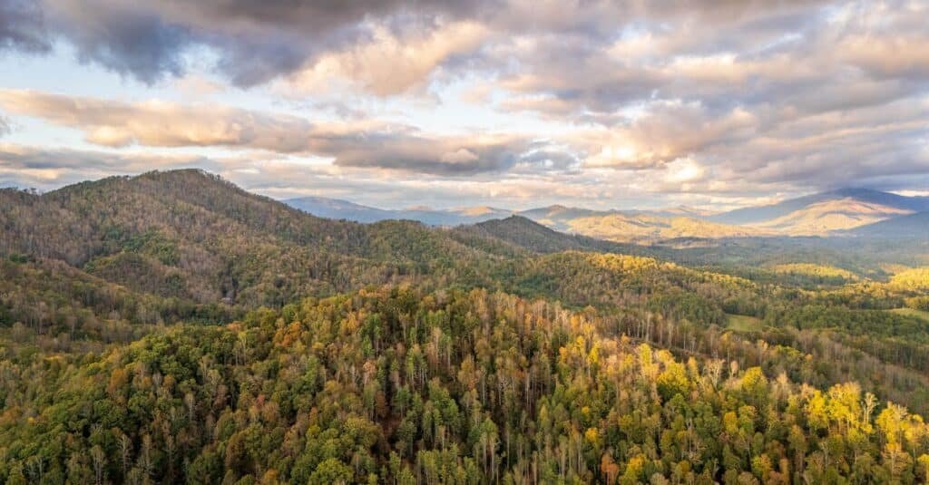 Scenic aerial view of Appalachian Mountains with autumn foliage under dramatic clouds.