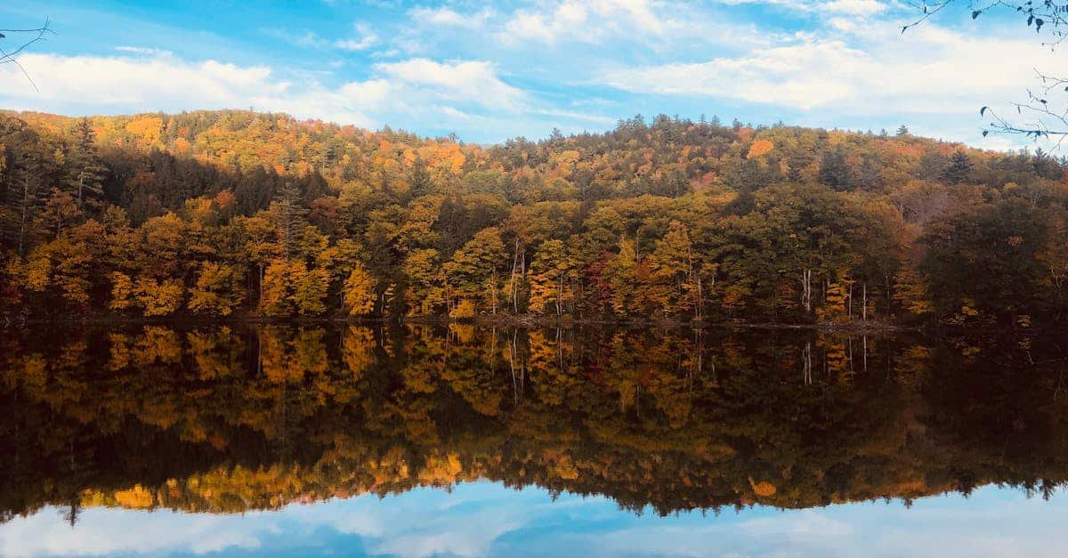 Beautiful autumn foliage reflected in a tranquil lake with a clear blue sky in Vermont.