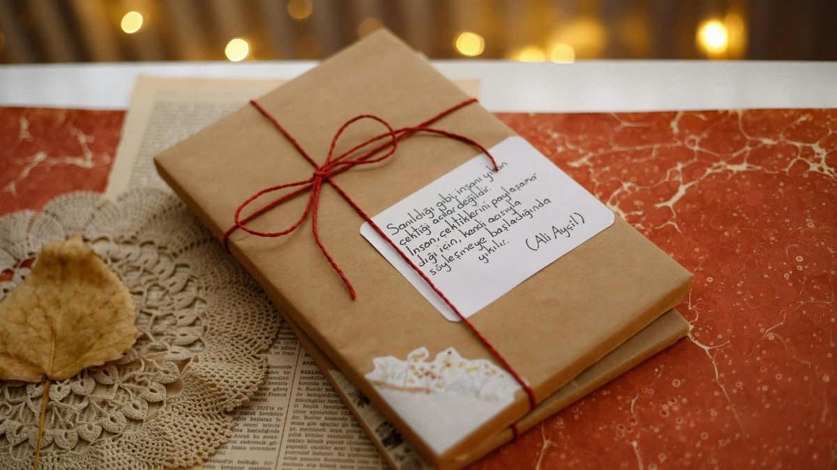 Gift wrapped book on a table with warm lighting, perfect for cozy autumn evenings.