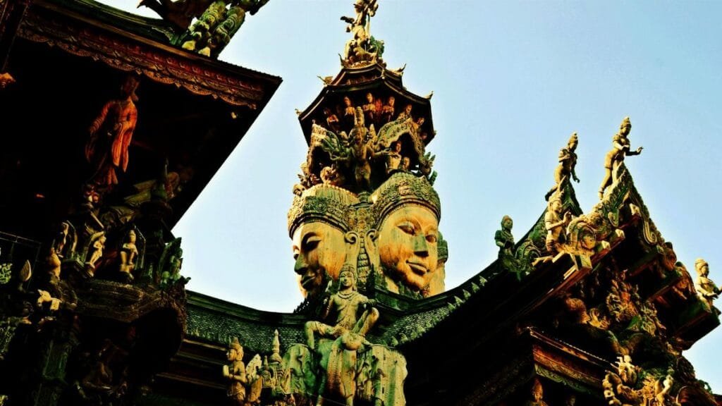 Explore the detailed wooden carvings of the Sanctuary of Truth in Pattaya, Thailand.