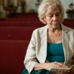 Elderly woman reading a book in a quiet church, symbolizing peace and spirituality.