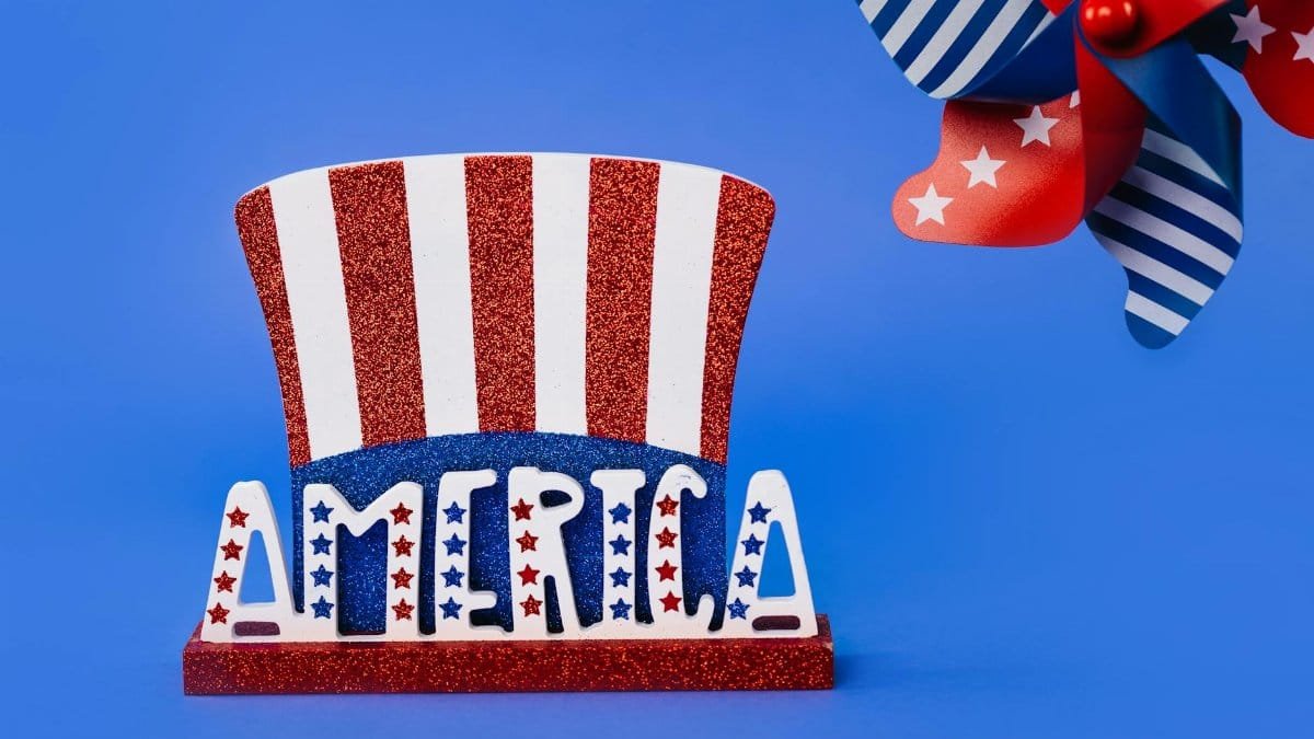 Red, white, and blue America-themed decor featuring stars and stripes on a vibrant blue background.