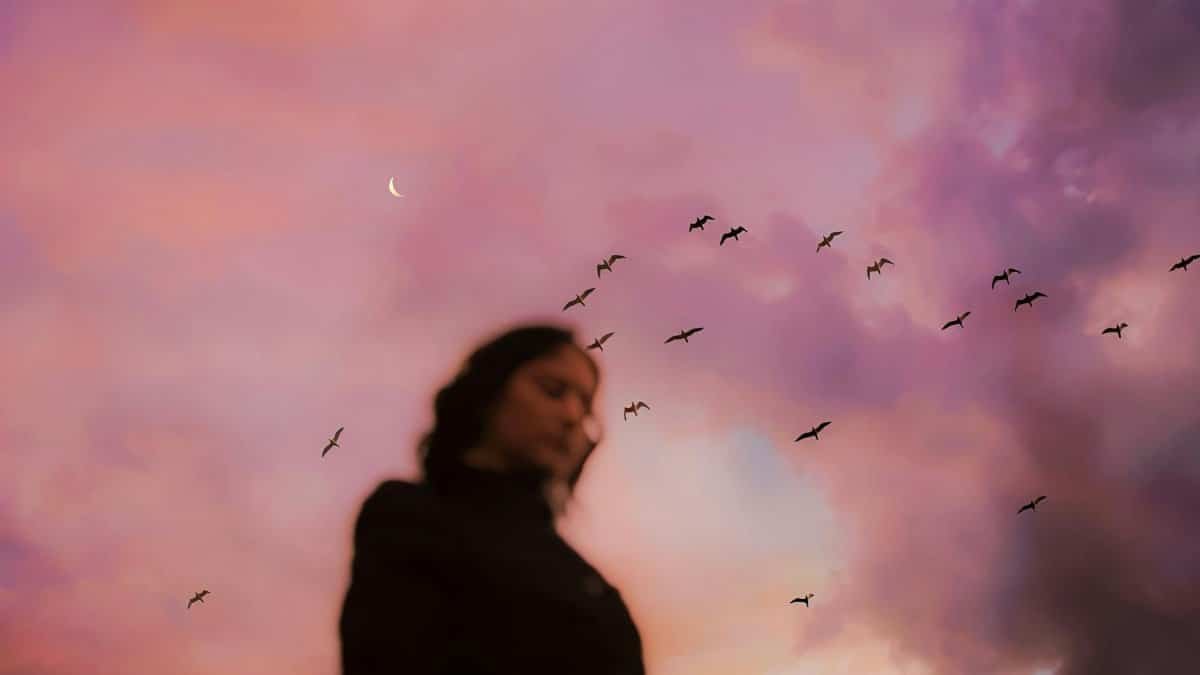 Blurry silhouette of person with birds flying and crescent moon in vibrant pink sky at sunset.