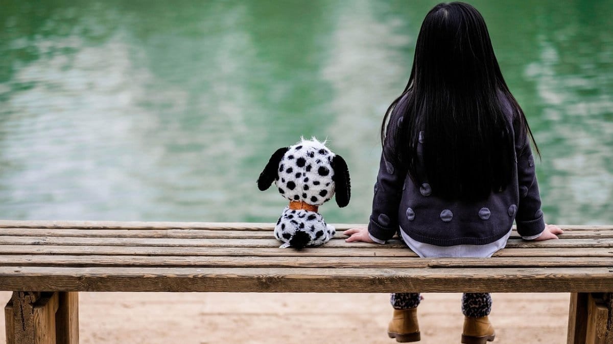 to admire, thoughtful, back, bank, girl, animal, nature, toy, pet, dog, lake, back view, behind, only, single, lonely, frields, childhood, behind, behind, behind, behind, behind, lonely