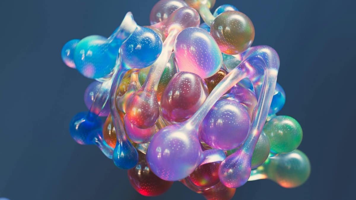 Abstract 3D representation of a colorful molecular structure, showcasing vibrant hues and artistic design.