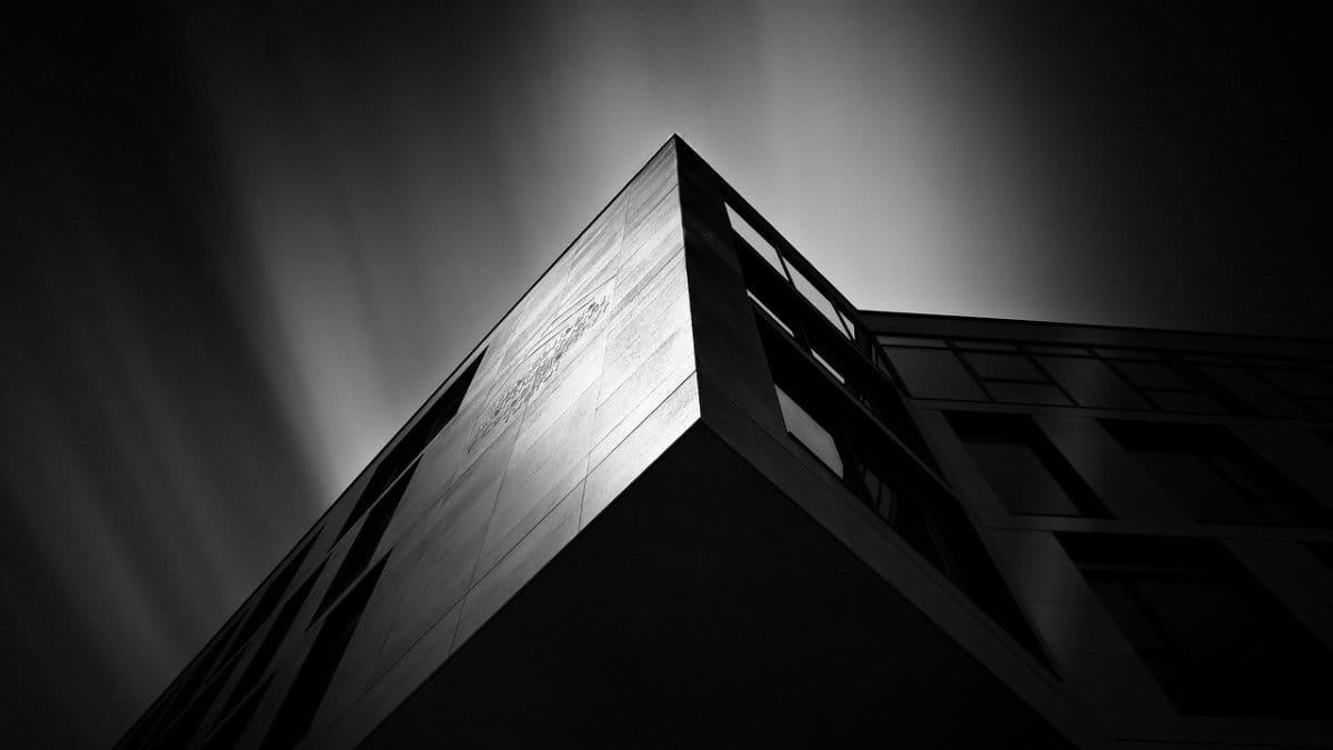 building, architecture, perspective, exterior, facade, structure, artistic, dramatic, modern, corner, rectangular, gray building, monochrome, black and white, building, building, building, building, building, architecture, corner