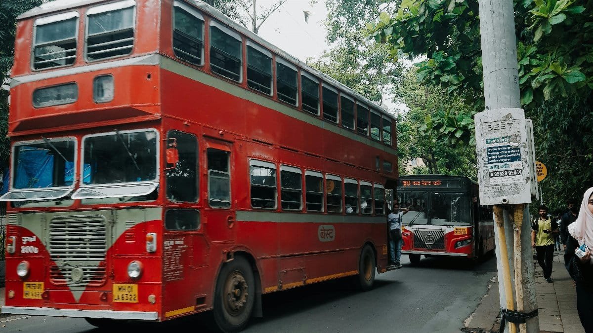 A vintage red double-decker bus drives down a tree-lined city street, showcasing urban transportation.