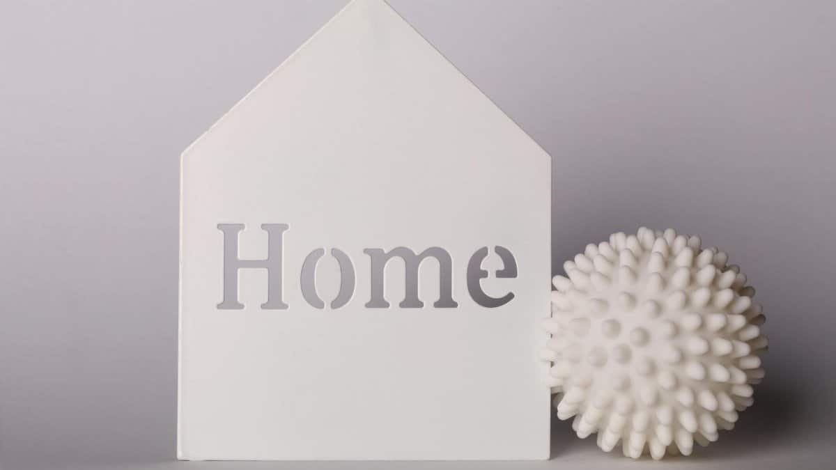 Stylish minimalistic home decor featuring a symbolic house silhouette and spiky ball on a neutral background.