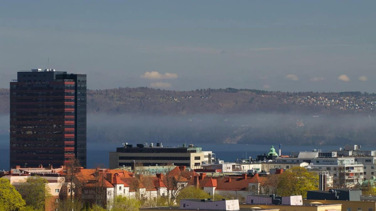 Explore the vibrant cityscape of Jönköping, Sweden captured in an aerial view showcasing its unique architecture.