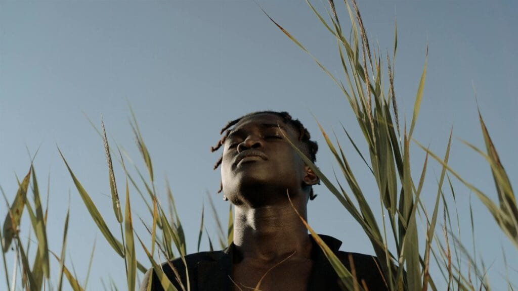 A serene portrait of a man meditating among tall grasses beneath a clear blue sky.