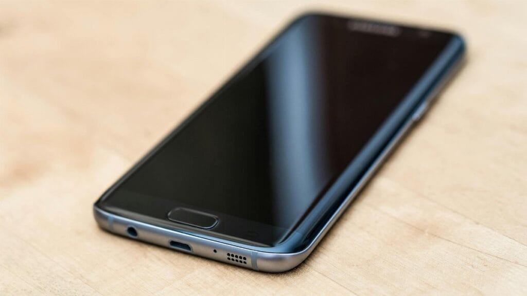 A sleek modern smartphone placed on a wooden surface, showcasing technology design.