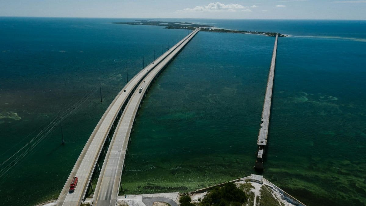 Aerial view of the iconic Seven Mile Bridge stretching over the clear blue waters of the Florida Keys.