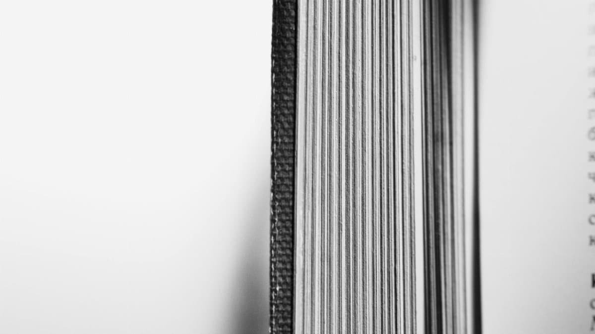 Grayscale close-up of book pages showing vertical lines and textures.