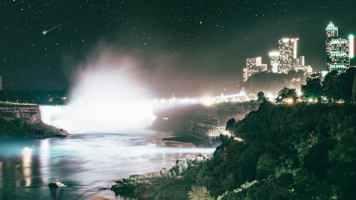 A breathtaking nighttime view of Niagara Falls with illuminated skyline and starry sky.